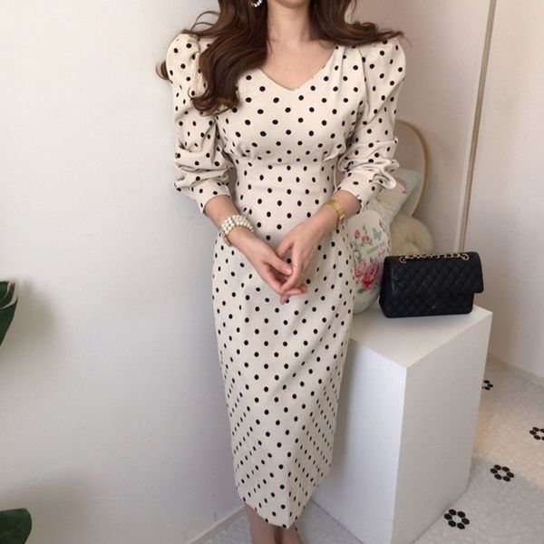 

2021 women elegant dot spring autumn sweet sleeve v neck midi es ladies office slim bodycon long robe 7z1i, Black;gray