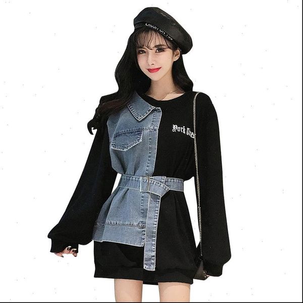 

chic women patchwork denim sweatshirts femme fashion fake two pieces pullovers lady long blouses drop shipping, Black