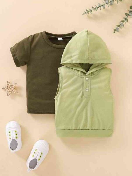 

baby 1pc solid tee & 1pc half button hooded tank she, White