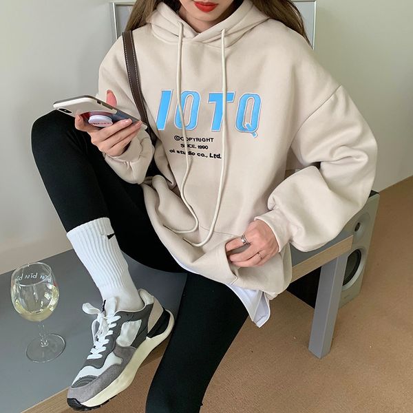 

2021 new autumn and winter college style wild embroidery letters hooded thickened sweatshirt long sleeve loose hoodie yyzp, Black