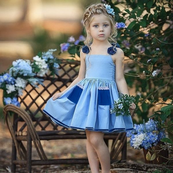 

2021 summer girls' suspender dress with lace pleated princess dresses sleeveless denim blue skirt pocket beach casual clothing h230w96, Red;yellow