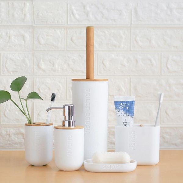 

bath accessory set bamboo six-piece cleaning tool toilet brush toothbrush holder cup soap lotion dispenser bathroom accessories