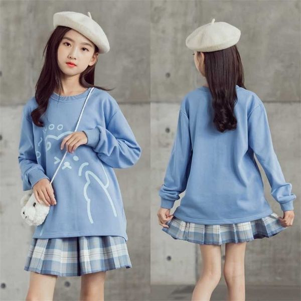 

childrens clothing korean long sleeve cute pullover + pleated plaid skirt set teenage girls clothing 10 12 14 years outfits 220118, White