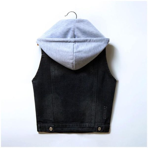 

women's vests denim vest women short hooded detachable slim sleeveless jacket high street single breasted fashion black waistcoat plus, Black;white