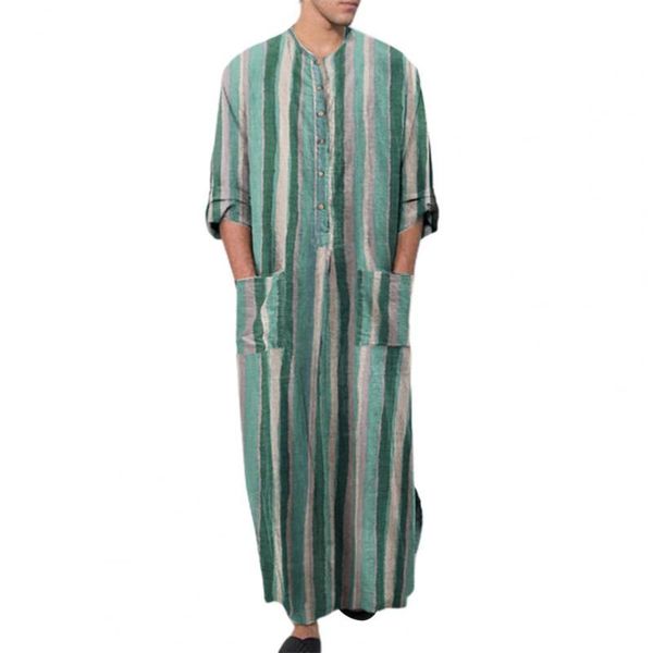 

men's casual shirts kaftan men striped robe gown shirt colorful pockets single-breasted round neck soft long, White;black