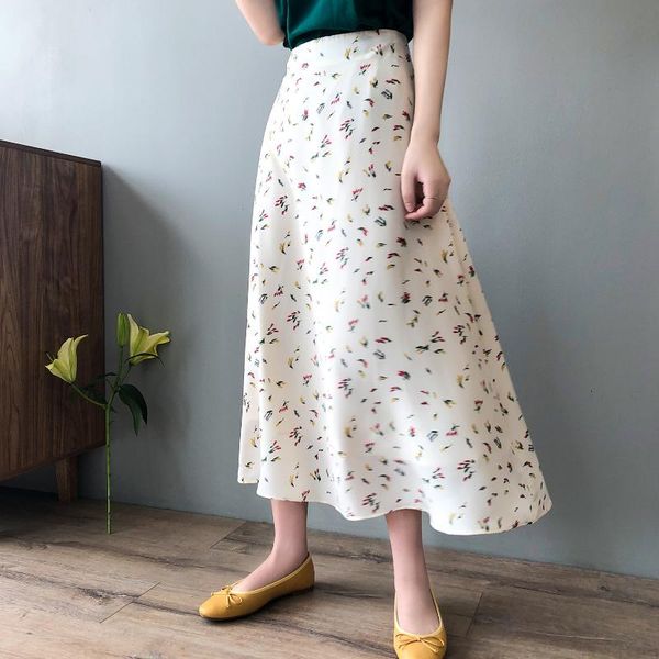 

skirts spring floral chiffon skirt female 2021 korean high waist loose long a-line 9565, Black