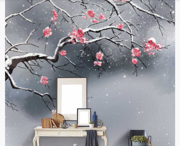 

custom p wallpaper mural hand-painted ink plum decorative painting new chinese background wall mural plum