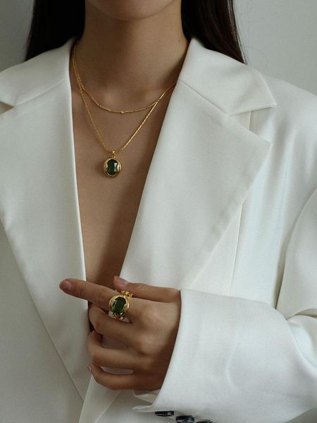 

pendant necklaces brass green stone necklace women jewelry ol designer t show runway party boho elegance rare trendy japan korean ins, Silver