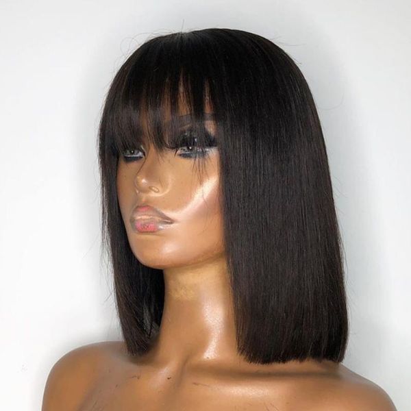 

lace wigs 4x4 closure wig short bob fringe with bangs front human hair for women remy brazilian, Black;brown