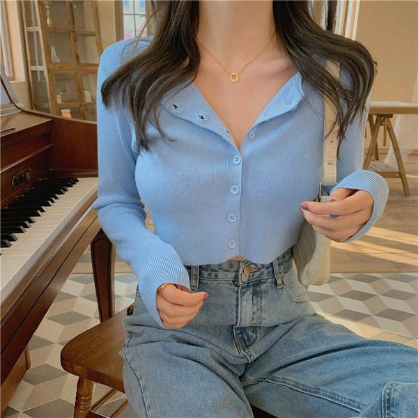 

women's knits & tees v neck button long sleeve sweaters spring autumn women thin single breasted sweater lady cropped jumper wdc47, White