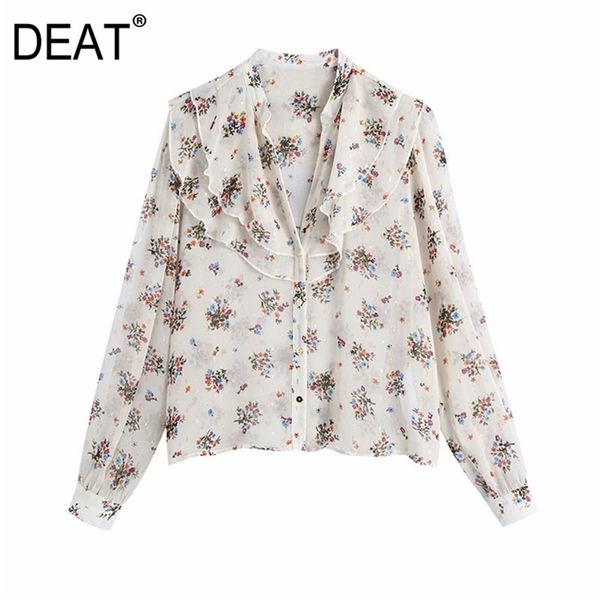 

[deat] white v-neck long sleeve laminated decoration printing loose elegant shirt spring autumn fashion 13c364 210527