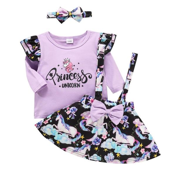 

clothing sets infant baby girls long sleeves + suspender skirt bow headband, flower pattern letter printing spring, White