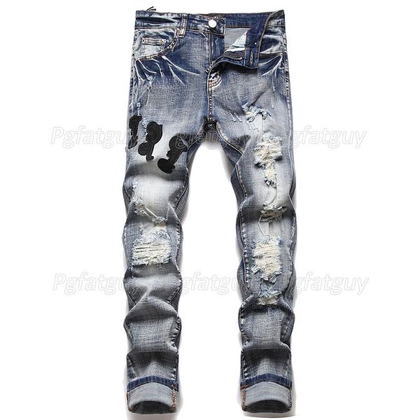 

men's jeans indigo blue ripped patch mens fashion slim fit washed motorcycle denim pants panelled hip hop stretch trousers