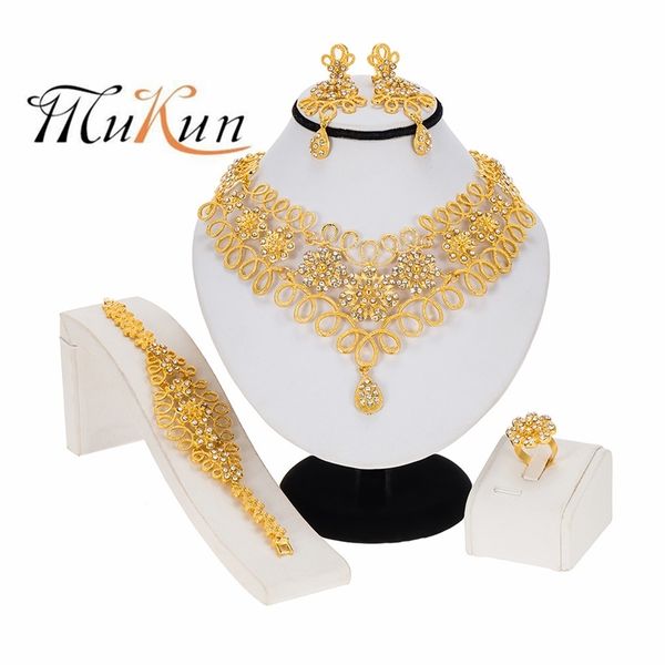 Dubai mulheres ouro cor conjuntos de jóias africanos presentes de ornamento nupcial para colar árabe saudita bracelete brincos anel set 220105