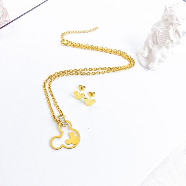 

earrings & necklace cartoon kawaii mouse pendant stainlesssteelset chain inlaid crystal fashion trendy women jewelry birthday gift, Silver