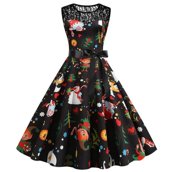

casual dresses sleeveless retro women christmas dress vintage elegant print chic swing lace party sundress xmas year winter clothes costume, Black;gray