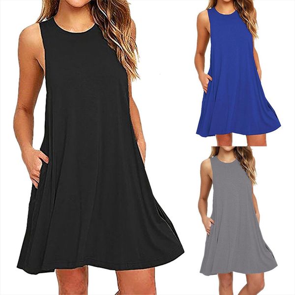 

fashion o neck casual women dresses solid pockets sleeveless above knee for summer, Black;gray