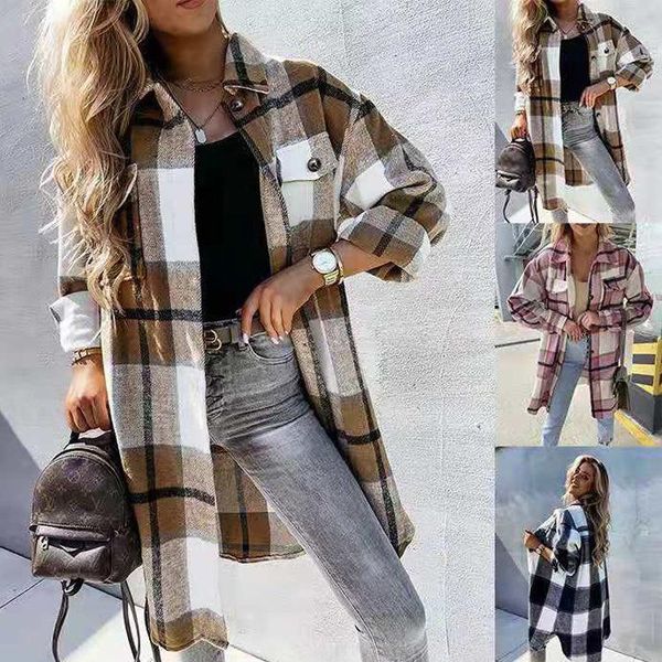 

women's wool & blends woolen warm long plaid coats women checked thicken shirt autumn winter coat female elegant retro casual oversize, Black
