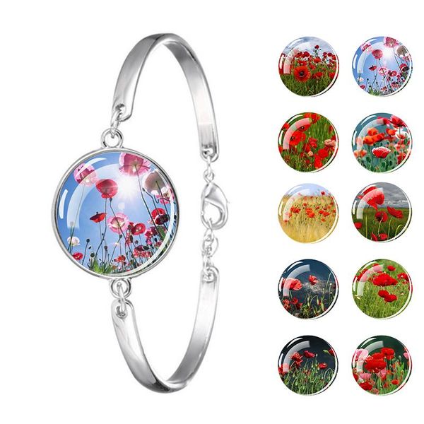 

link, chain poppy flower bangle bracelet poppies glass cabochon jewelry, Black