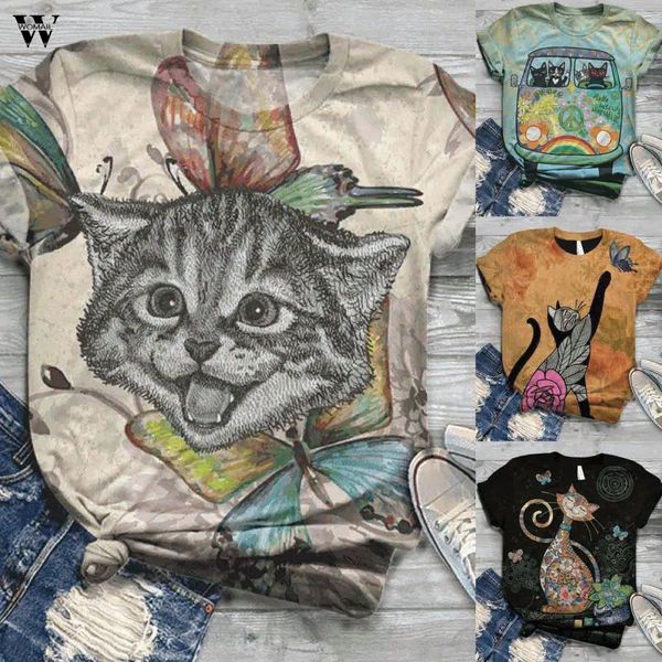 

women's t-shirt summer shirt women fashion lovely cat printed short sleeve round neck casual streetwear oversize female shirts 2021, White