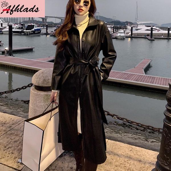 

women's jackets personalized women loose lace-up long pu leather jacket 2021 spring and autumn single-breasted vintage coats outerwear, Black;brown