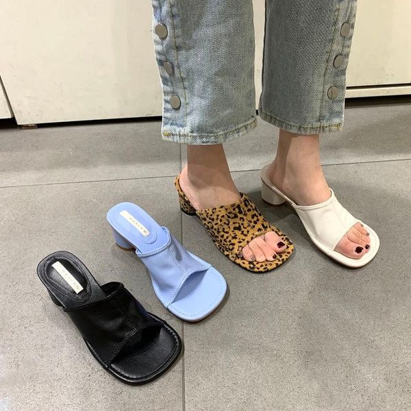 

slippers fashion leopard chunky heel women summer square-toe wide upper cozy all-match sandals lady outdoor casual shoes slides, Black