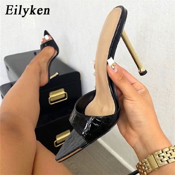 

eilyken snake grain patent leather women fashion slippers summer thin high heels sandals mules slides pointed toe party shoes 210310, Black