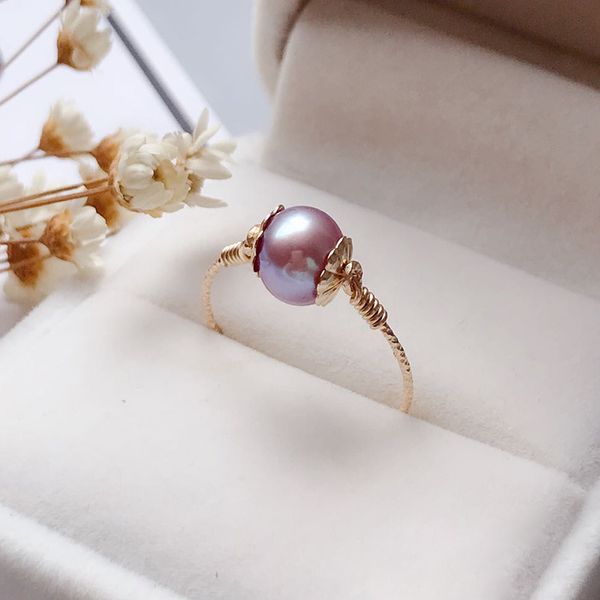 Anelli di perle viola naturali da 8 mm Anello di nocche riempito d'oro Mujer Boho Bague Femme Minimalismo Gioielli fatti a mano