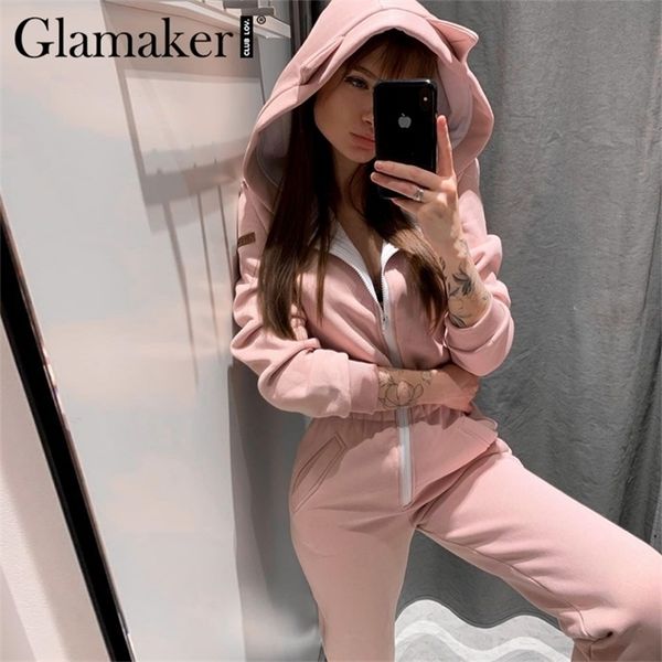 

glamaker pink casual sleeve long jumpsuits & rompers women zipper fitness winter hood jumpsuit autumn outfits 2021new, Black;white