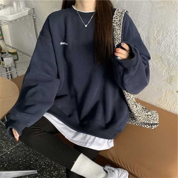 Sonbahar Kış Kız Kore Versiyonu Boy Hoodies Sokak Stil Mektup Nakış Kazak Polar Kalın Kazak Femmes Tops 211013