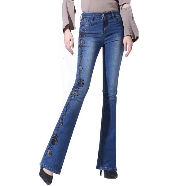 

women's jeans female flare jeans waist stretched embroidered thick flowers warm autumn winter 07e1, Blue