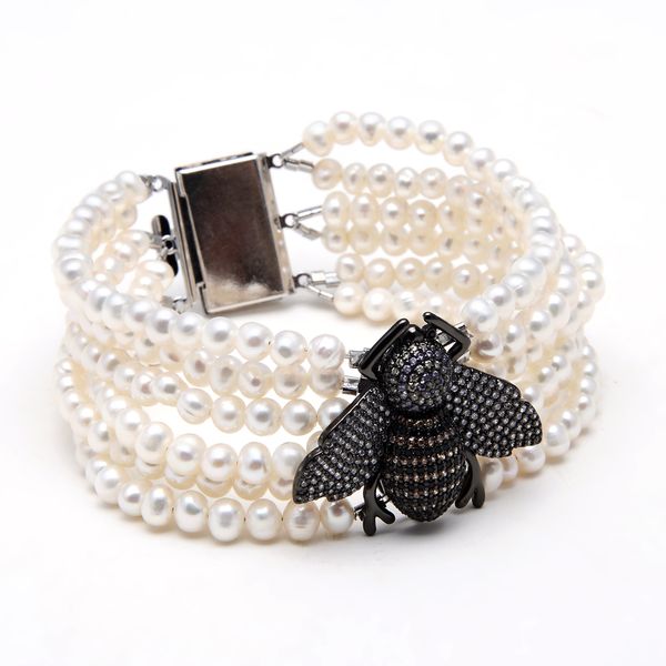 

guaiguai jewelry 6 strands 8" natural white pearl cz pave insect bee bracelet handmade for women, Black