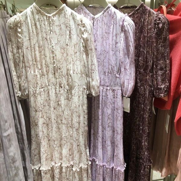 

sweet vintage chic print 2021 slim dress women o neck pullover draped design robe drawstring high waist a line long vestidos casual dresses, Black;gray