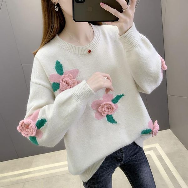 

women's sweaters room 216122 [under no. 1, row 7] actual shooting flower round neck pullover knitted sweater [3025] 59, White;black