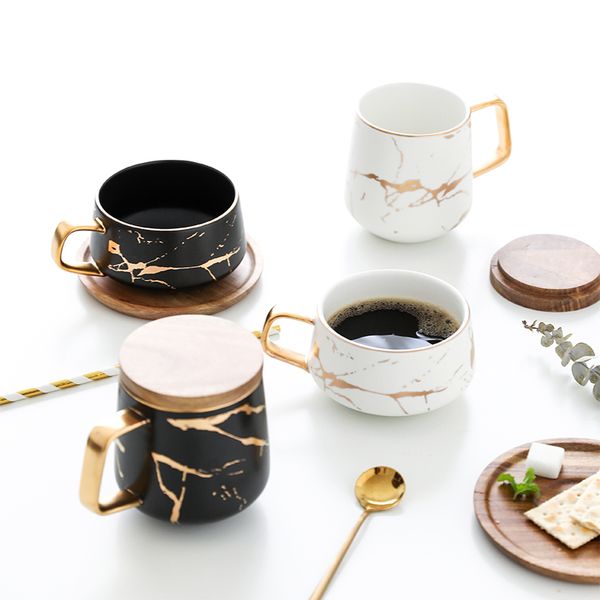 Europäischer Ins-Stil, kleine Keramik-Kaffeetasse, Paar-Isolierpad, Marmormuster, Tasse, Untertasse, Holzdeckel-Set