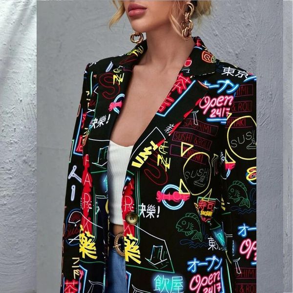 

women's suits & blazers japan print elegant button fashion casual plus lady harajuku black size notched vintage coat women single blaze, White;black