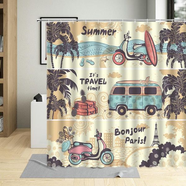 

shower curtains vintage summer travel poster curtain surf board bus palm beach ice cream truck illustration kids bathroom decor