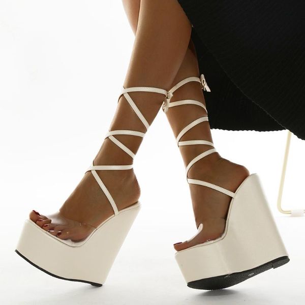 

sandals white ankle strap super high wedges with platform 2021 summer mature women shoes big size 35-42, Black