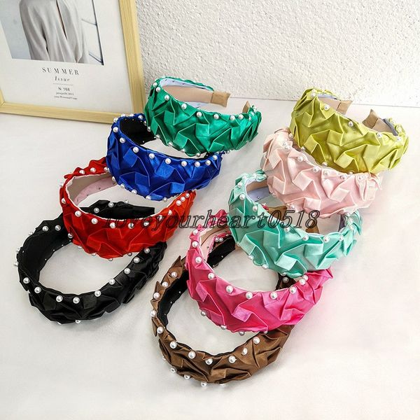 

2021 vintage silk satins headbands cloth fold pearl bezel hairband women clips hair accessories headband opaska do wlosow bandeau diademas, Silver