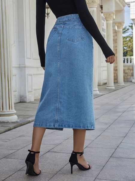 

2021 female american summer ins high waist single-breasted solid denim thin all-match skirt for woman ga08, Black