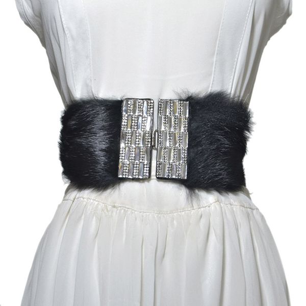 

elastic women's rabbit hair decorative waist cover fashionable versatile diamond inlaid wide belt tib0, Black;brown