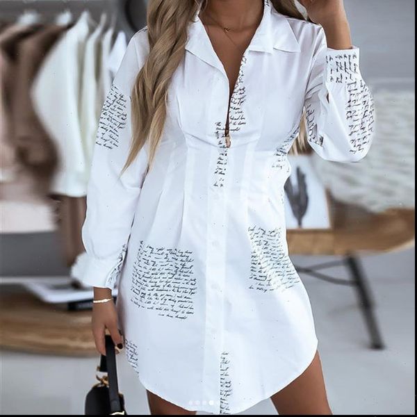 

casual women shirt dress autumn pockets blouse long sleeve v neck loose party dress elegant fashion print plus size, White