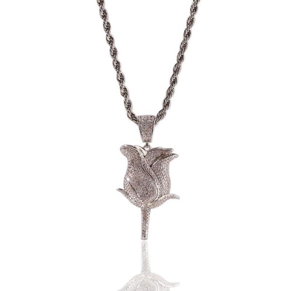

pendant necklaces men hip hop iced out bling rose flower pave setting zircon male hiphop pendants necklace jewelry luxury gifts, Silver