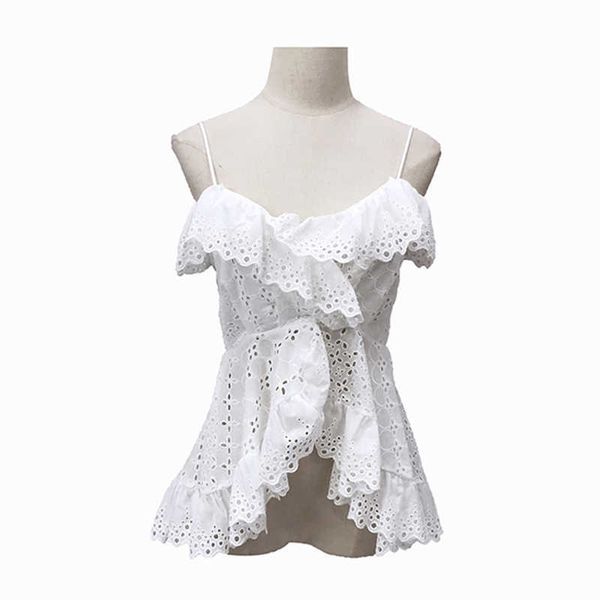 

perhaps u women ruffle v neck sleeveless camis white strap lace b0334 210529