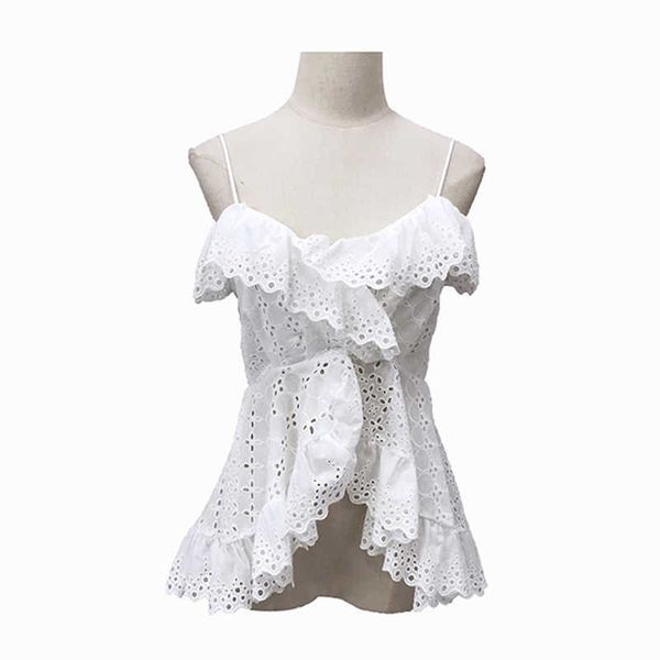 Talvez U Mulheres Ruffle V Neck Tops Sem Mangas Camis Branco Strap Lace B0334 210529