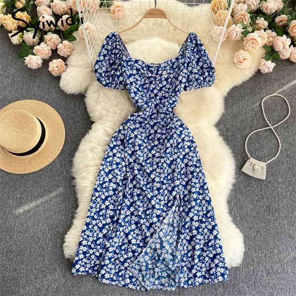 

boho floral print dress for women summer puff sleeve square collar side split a-line midi dresses green blue white 210607, Black;gray