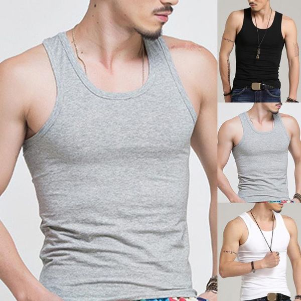 Tanques masculinos Homens Cor Sólida Sem Mangas Top Fitness Bodybuilding Muscle Colete Undershirt