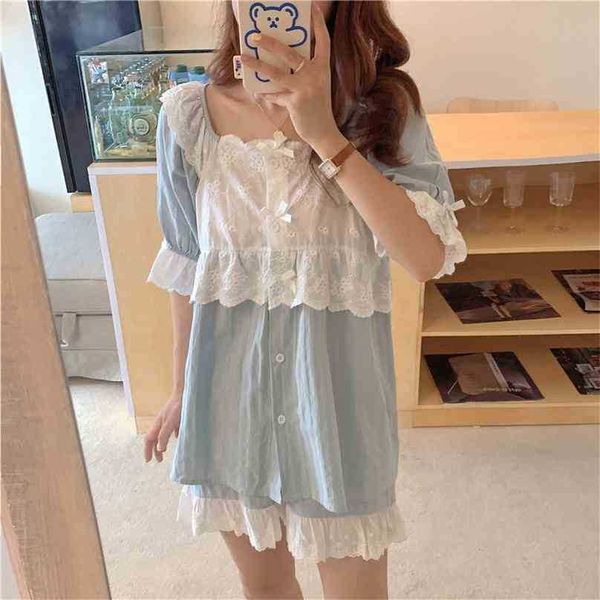 

princess cotton summer ruffles sweet girls sleepwear women home chic loose pajamas two piece suits sets 210525, Black;red