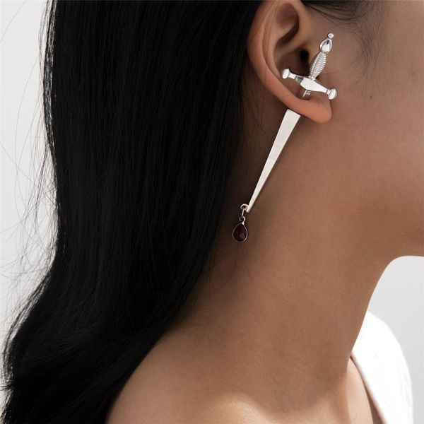 

hoop & huggie 2021 trendy long sword handle earrings small design fashionable cool hip-hop red water drop dagger shape cross dangle, Golden;silver