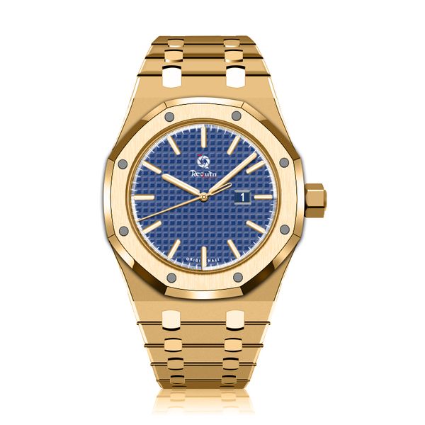 

men's luxury automatic mechanical watch requin royal gold stainless steel case 15500st oo blue mesh three-hand calendar oak b231z, Slivery;brown